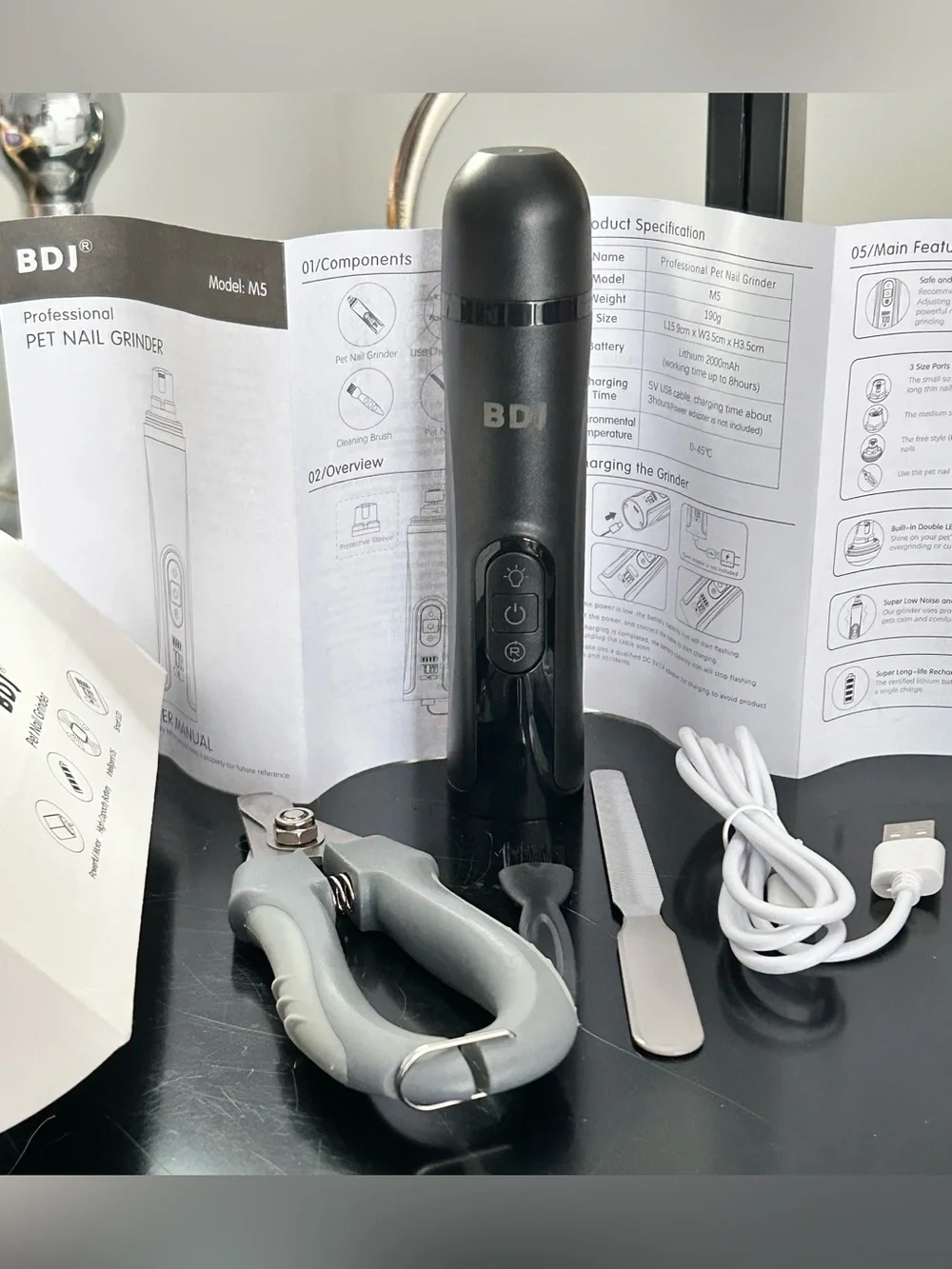 BDJ Dog Nail Grinder | 3 Speed | Rechargeable | Electric Nail Clipper